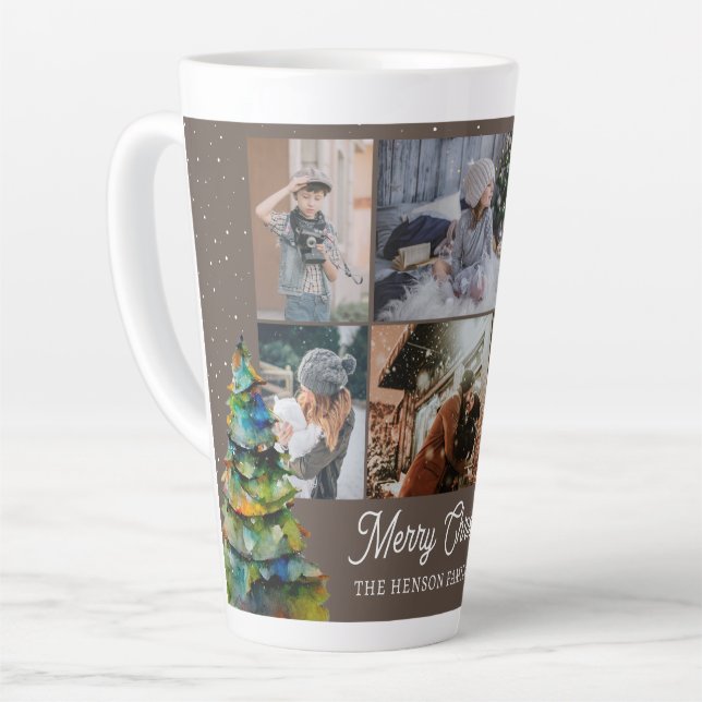 Christmas Tree Watercolor Family 6 Photo Collage Latte Mug (Left Angle)