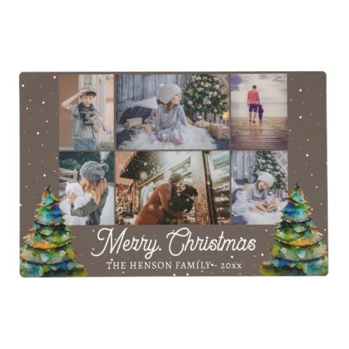Christmas Tree Watercolor Family 6 Photo Collage Placemat