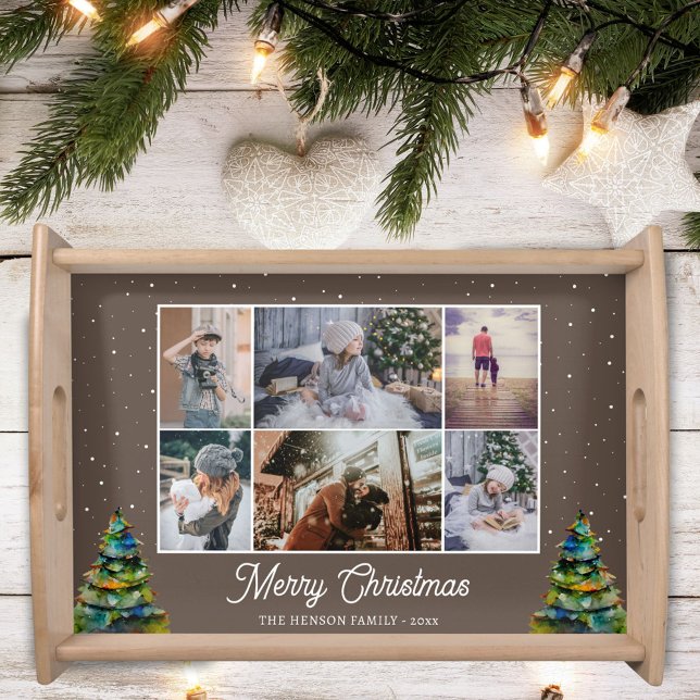 Christmas Tree Watercolor Family 6 Photo Collage  Serving Tray (Creator Uploaded)