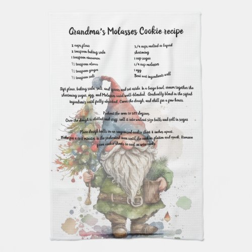 Christmas Tree Watercolor Gnome Recipe Tea Kitchen Towel