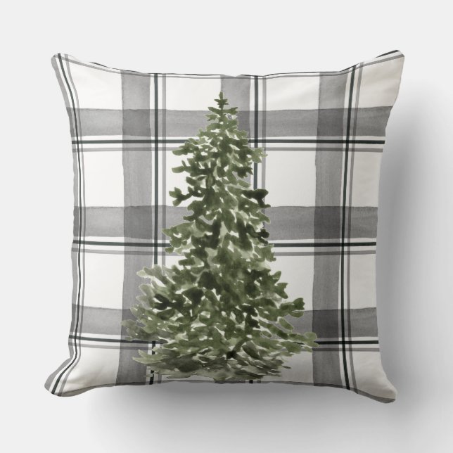 Christmas Tree Watercolor Grey Black Plaid Throw Pillow (Front)