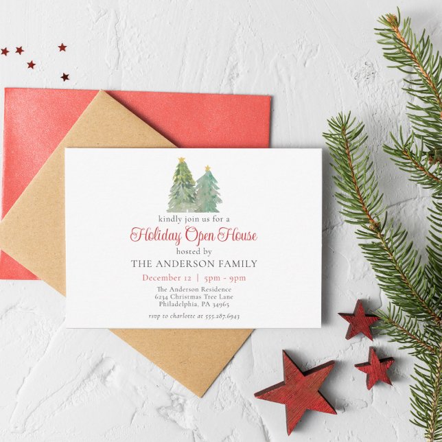 Christmas Tree Watercolor Holiday Open House Invitation (Creator Uploaded)