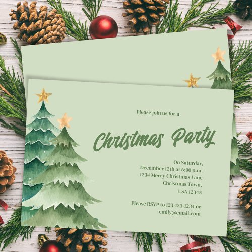 Christmas Tree Watercolor Holiday Party Invitation
