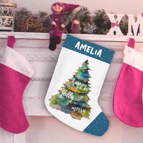 Christmas Tree Watercolor Merry Jolly Happy Blue Small Christmas Stocking