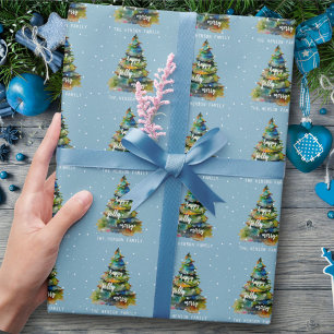 Christmas Tree Watercolor Merry Jolly Happy Blue Wrapping Paper