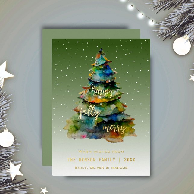 Christmas Tree Watercolor Merry Jolly Happy Foil Holiday Card (Creator Uploaded)