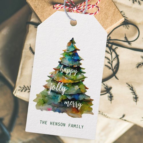 Christmas Tree Watercolor Merry Jolly Happy Gift Tags