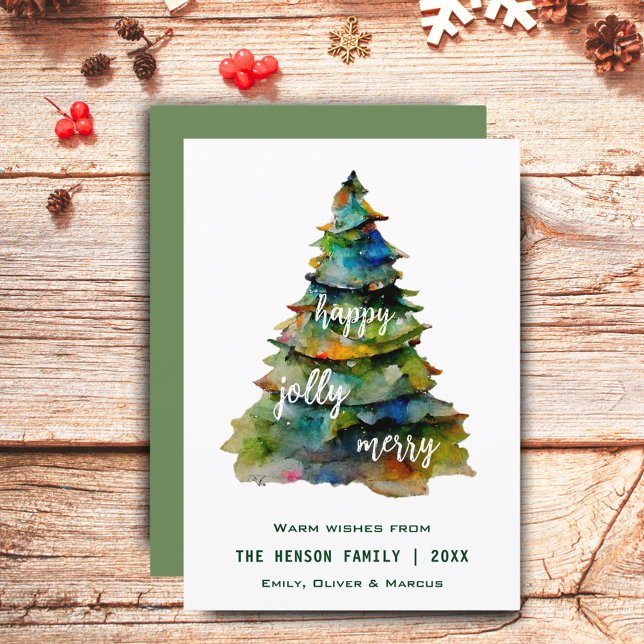 Christmas Tree Watercolor Merry Jolly Happy  Holiday Card (Creator Uploaded)