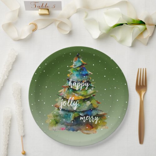 Christmas Tree Watercolor Merry Jolly Happy  Paper Plates