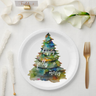 Christmas Tree Watercolor Merry Jolly Happy Paper Plates