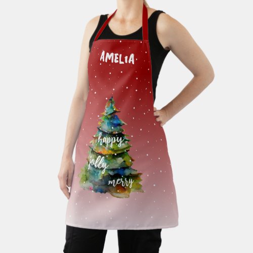 Christmas Tree Watercolor Merry Jolly Happy Red Apron