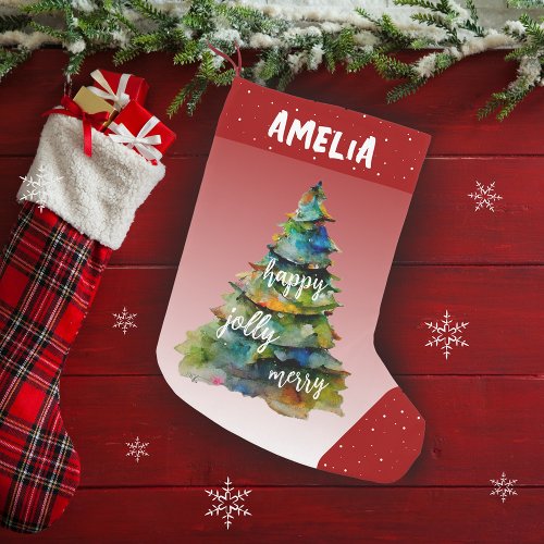 Christmas Tree Watercolor Merry Jolly Happy Red Small Christmas Stocking