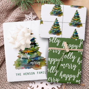 Christmas Tree Watercolor Merry Jolly Happy Script Wrapping Paper Sheets