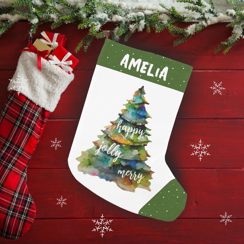 Christmas Tree Watercolor Merry Jolly Happy  Small Christmas Stocking