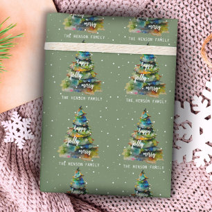 Christmas Tree Watercolor Merry Jolly Happy Wrapping Paper