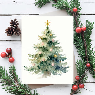 Christmas Tree Watercolor Painting Pastel Holiday Postcard