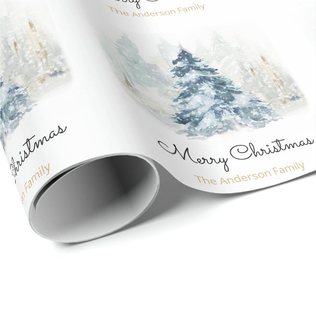 Christmas tree watercolor snow snowing white gold wrapping paper (Roll Corner)