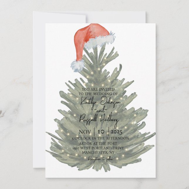 Christmas Tree Watercolor Wedding Invitation (Front)