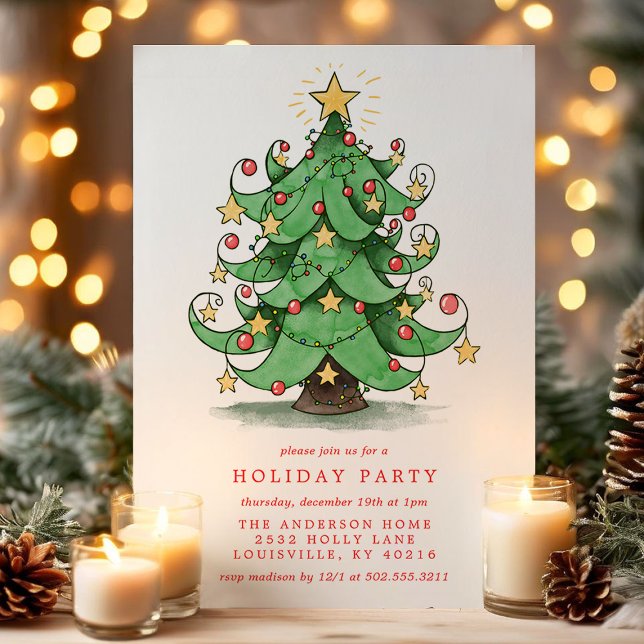 Christmas Tree Watercolor Whimsical Holiday Party Invitation (Creator Uploaded)