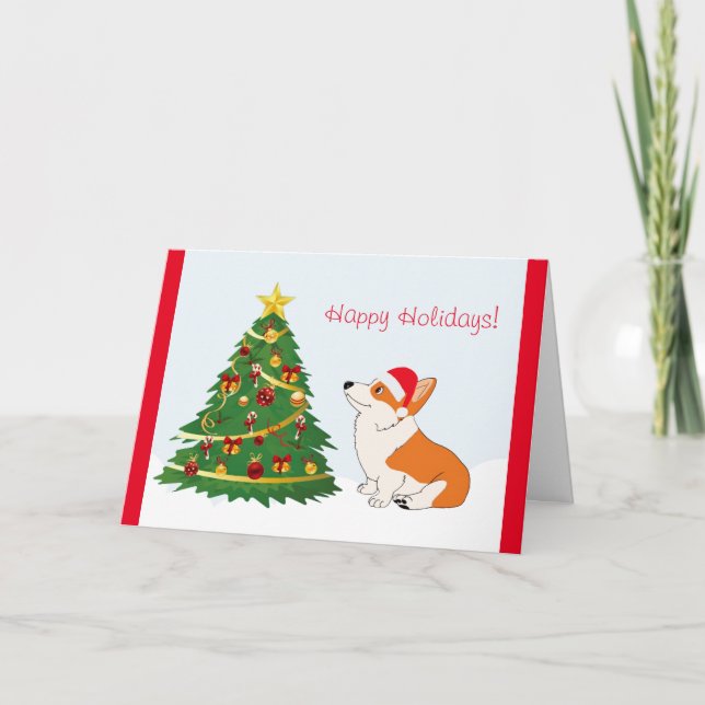 Christmas Tree Welsh Corgi Cartoon Holiday Card (Front)