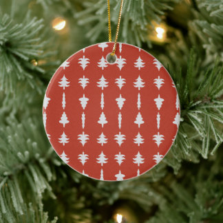 Christmas Tree White trees on Red Ceramic Ornament