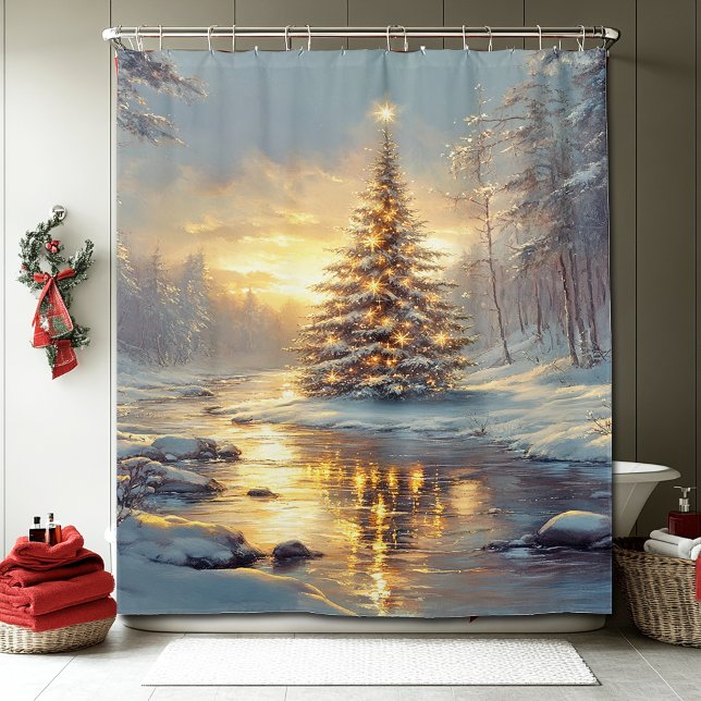 Christmas Tree Winter Forest River Shower Curtain (Creator Uploaded)
