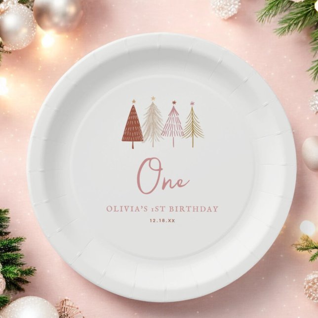 Christmas Tree Winter Onederland Girl 1st Birthday Paper Plates (Creator Uploaded)