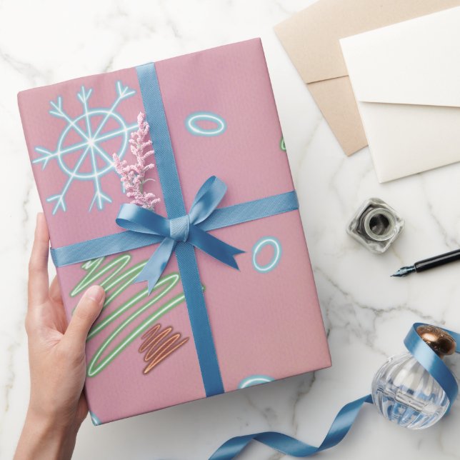 Christmas Tree Winter Snowflakes Pink Blue Green Wrapping Paper (Gifting)