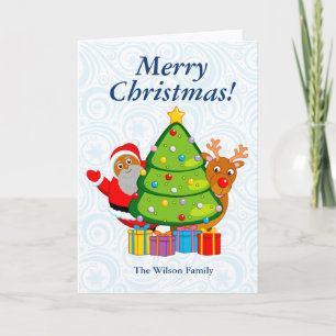 Christmas tree with black Santa Claus & Rudolph, Holiday Card