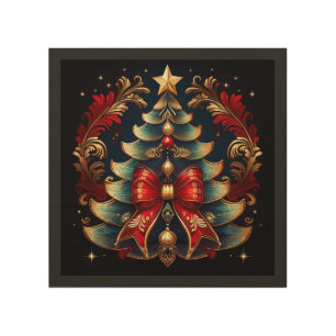 Christmas Tree With Bow And Golden Star Wood Wall Art