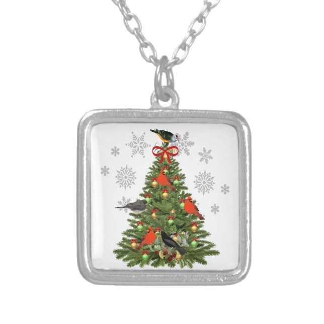  Christmas Tree with Cardinal Birds  Silver Plated Necklace (Front)