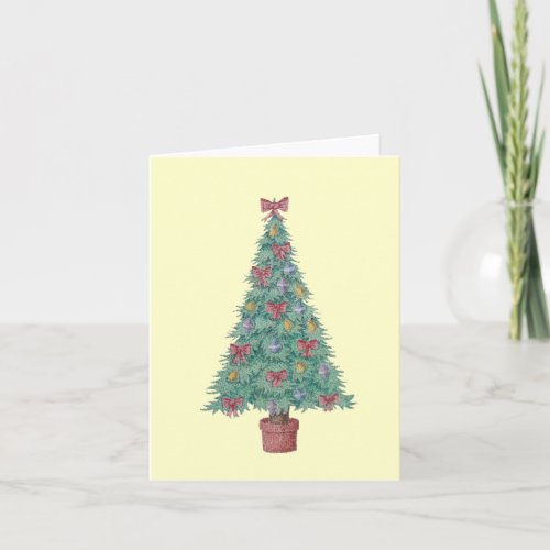 Christmas tree with decorations red bows bells art holiday card