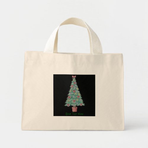 Christmas tree with decorations red bows bells art mini tote bag