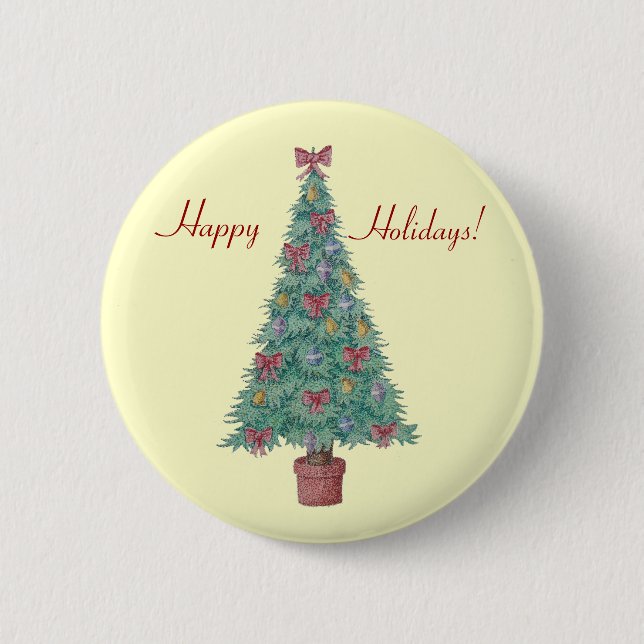 Christmas tree with decorations red bows bells art pinback button (Front)
