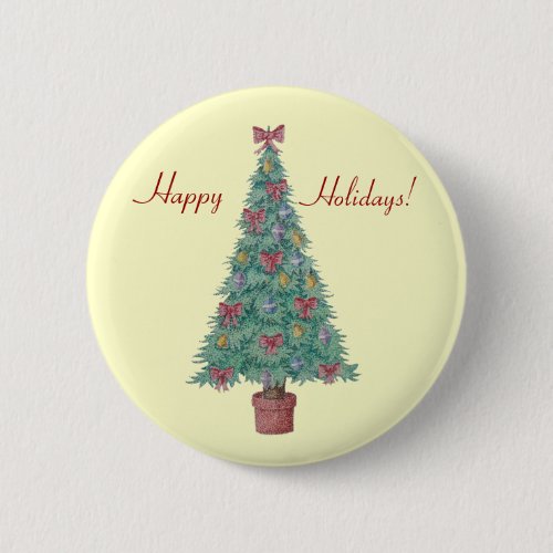 Christmas tree with decorations red bows bells art pinback button