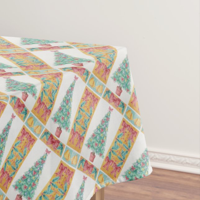 Christmas tree with decorations red bows bells art tablecloth (In Situ)