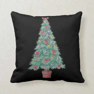 Christmas tree with decorations red bows bells art throw pillow