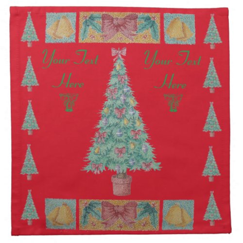 Christmas tree with decorations red bows bells cloth napkin