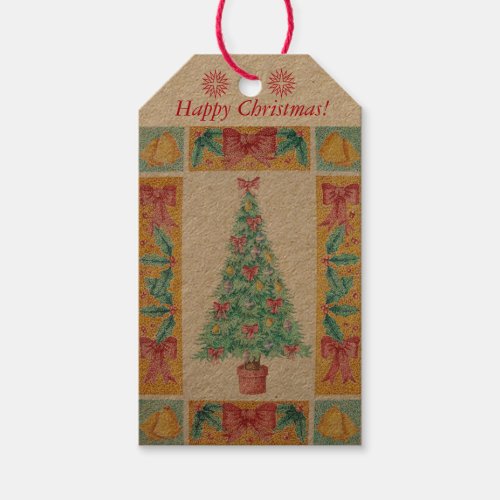 Christmas tree with decorations red bows bells gift tags