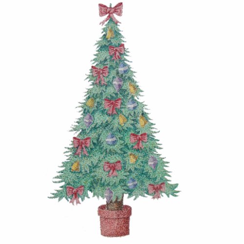 Christmas tree with decorations red bows bells statuette