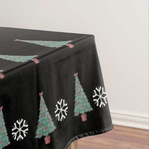 Christmas tree with decorations red bows bells tablecloth