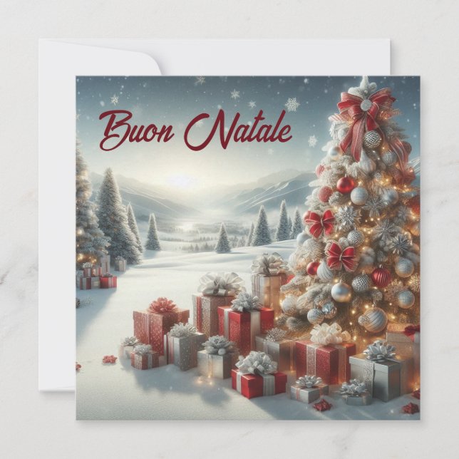 Christmas tree with gifts on snow Buon Natale Holiday Card (Front)