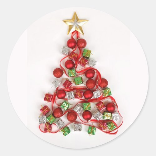 Christmas Tree With Gifts Ornaments Ribbon Star Classic Round Sticker