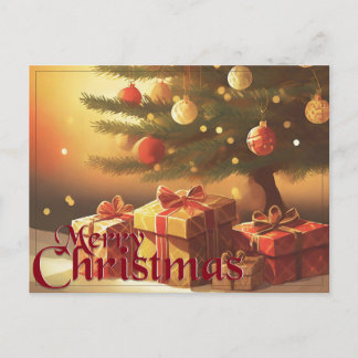 Christmas Tree with Golden Presents Holiday Postcard