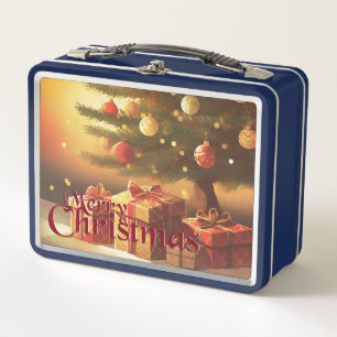 Christmas Tree with Golden Presents Metal Lunch Box