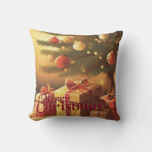 Christmas Tree with Golden Presents Throw Pillow