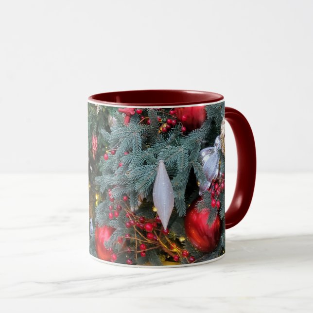 Christmas tree with golden, red toys. mug (Front Right)