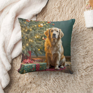 Christmas Tree With Golden Retriever Dog Throw Pillow