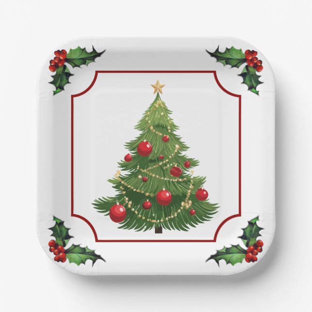 Christmas Tree with Holly Paper Plates (Front)