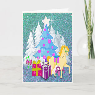 Christmas Tree With Horse and Gifts FAUX Glitter Holiday Card